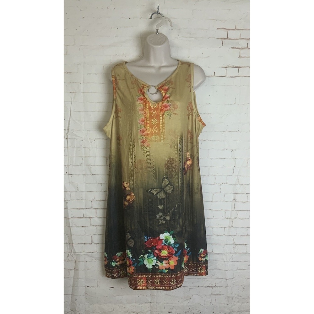 Womens Sleeveless Floral Butterfly Keyhole Tunic‎ Top Size 3XL